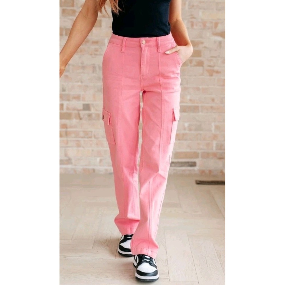 Judy Blue Peggy High Rise Pink Cargo Straight Jeans 11/30 Soft Girl Y2k Street